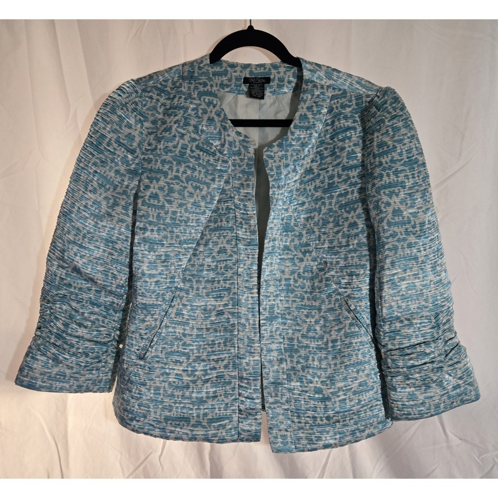 Bob Mackie Studio Teal Leopard Print Ruched Jacket Blazer Women's Size 8